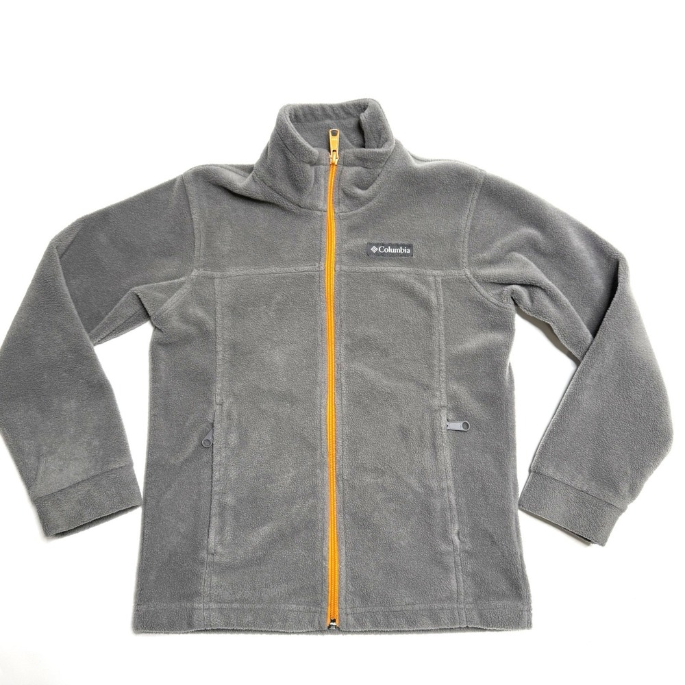 Columbia Full Zip Fleece Kids Jacket Size Small (8) Pockets Gray/Orange Steens